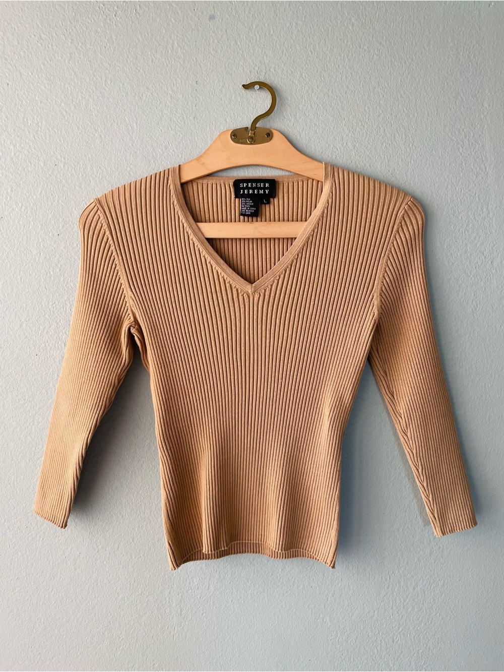 Spenser Jeremy | Tan Brown Ribbed Silk Blend V-Neck Long Sleeve Blouse